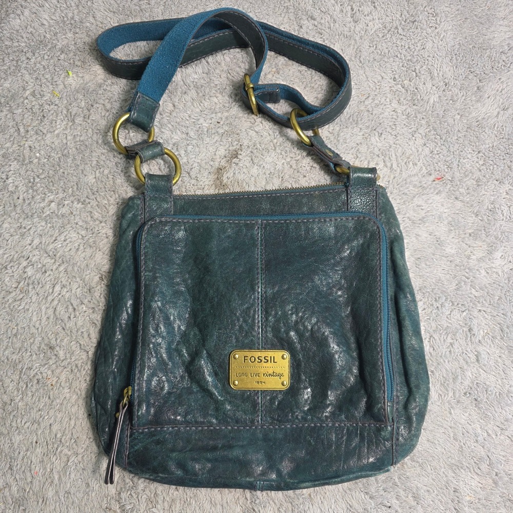 Fossil Long Live Vintage Crossbody Bag TEAL GREEN Leather Messenger Purse